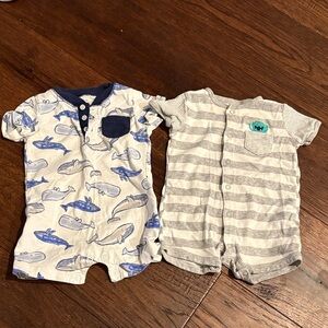 Two short alls. Blue and Gray Whale Print, stripes 9 months